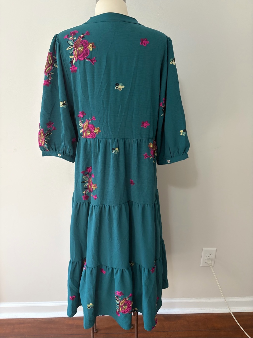 Fig & Flower Teal Floral Embroidered Tiered Midi Dress M- Boho Cottagecore - Picture 6 of 10